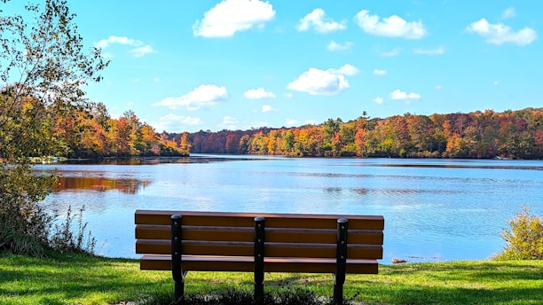 Bench overlooking Lake Wallenpaupack with colorful autumn trees and calm water under a blue sky.